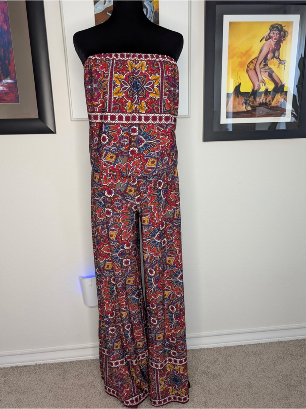Strapless Wide-Leg Jumpsuit in Red Paisley Print